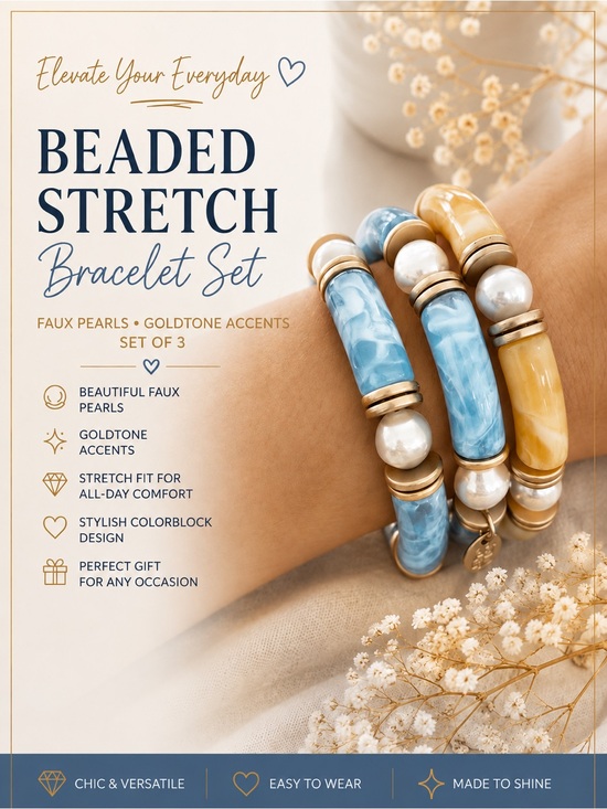 Plunder Jewelry - Beaded Stretch Colorblock Bracelet Set, Faux Pearls/Goldtone Accents. Set of 3